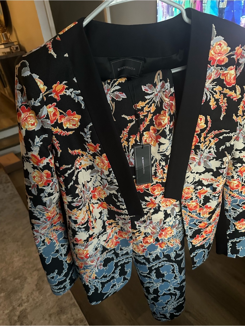 BCBGMAXAZRIA Black Floral Blazer Jacket/Pant Set